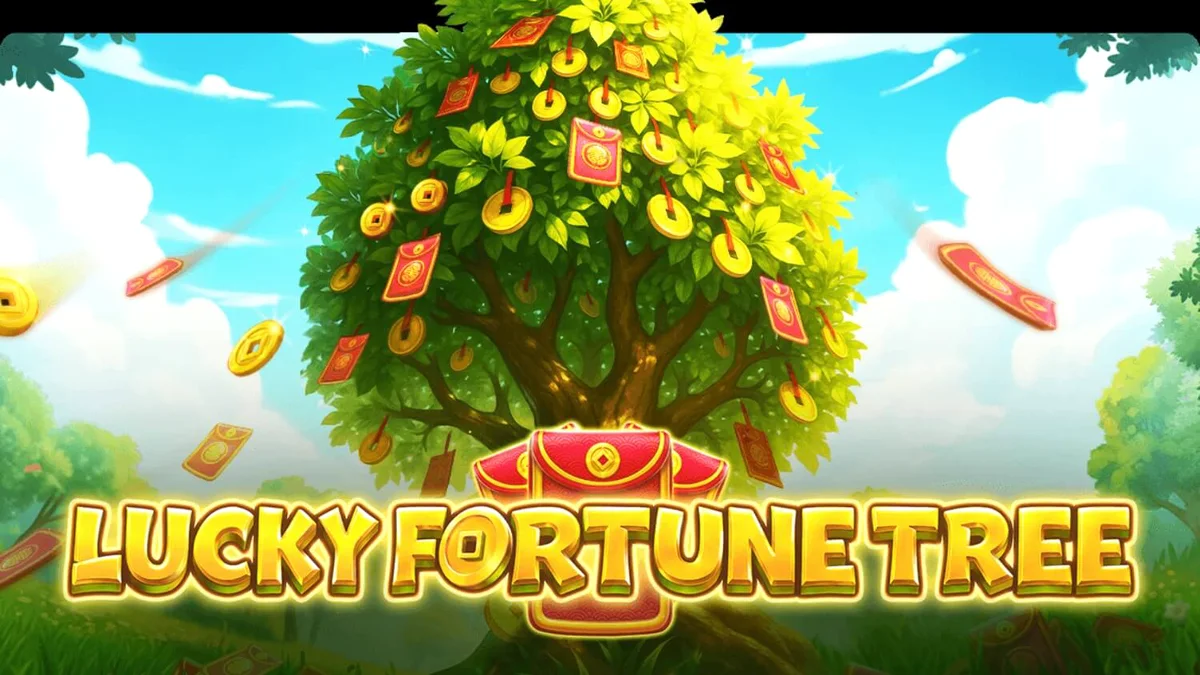 Tampilan layar permainan slot Lucky Fortune Tree dengan pohon keberuntungan emas dan simbol koin.